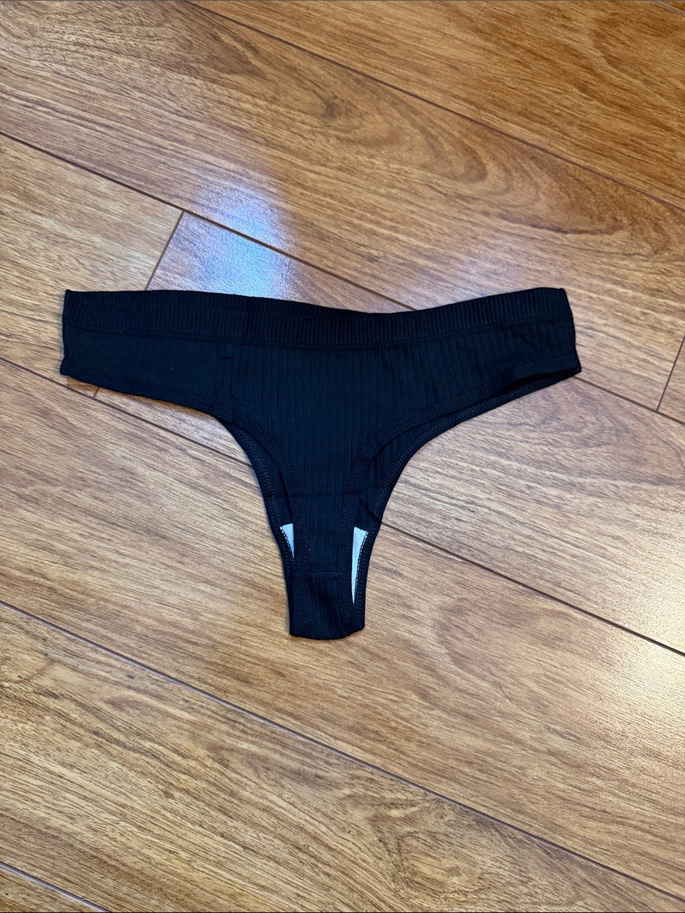 Women's Black Ribbed Thong Panty Well Worn - Picture 2 of 2
